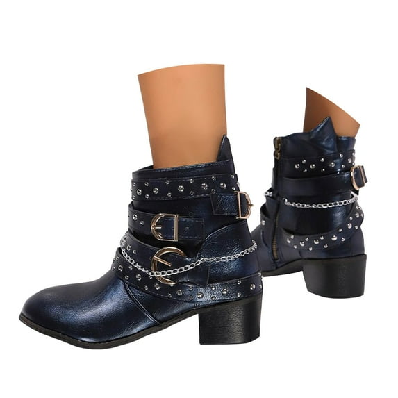 Leozcaa Women's Ankle Boots Fashion Buckles Motorcycle Riding Biker Boots Low Chunky Heel Fall Booties