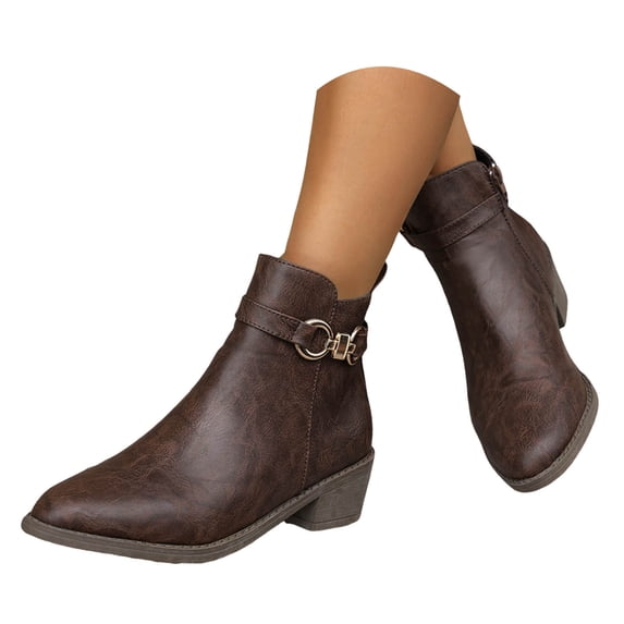 Leozcaa Women's Ankle Boots Low Chunky Heel Comfortable Buckle Round Toe Short Fall Dress Booties