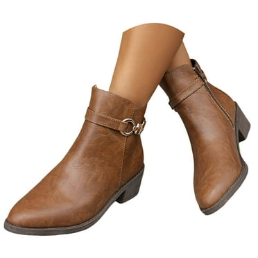 Leozcaa Women's Ankle Boots Low Chunky Heel Comfortable Buckle Round Toe Short Fall Dress Booties