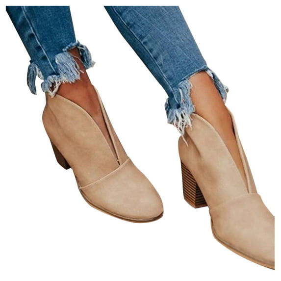 Leozcaa Women's High Chunky Heel Chelsea Ankle Boots Slip On Elastic Fall Heeled Leather Short Booties