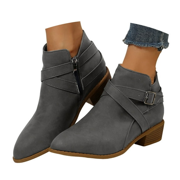 Leozcaa Women's Chunky Low Heel Ankle Boots Classic Pointed Toe Side Zipper Winter Fall Short Booties