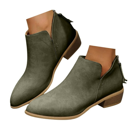 Leozcaa Women's Chunky Low Heel Ankle Boots Classic Pointed Toe Zipper Short Booties Autumn Winter Shoes