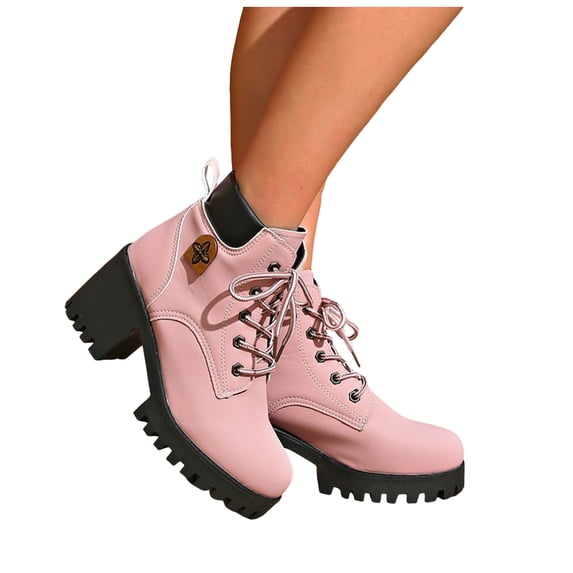 Leozcaa Women's Combat Ankle Boots Lace up High Chunky Heel Round Toe Fashion Heeled Short Booties Shoes