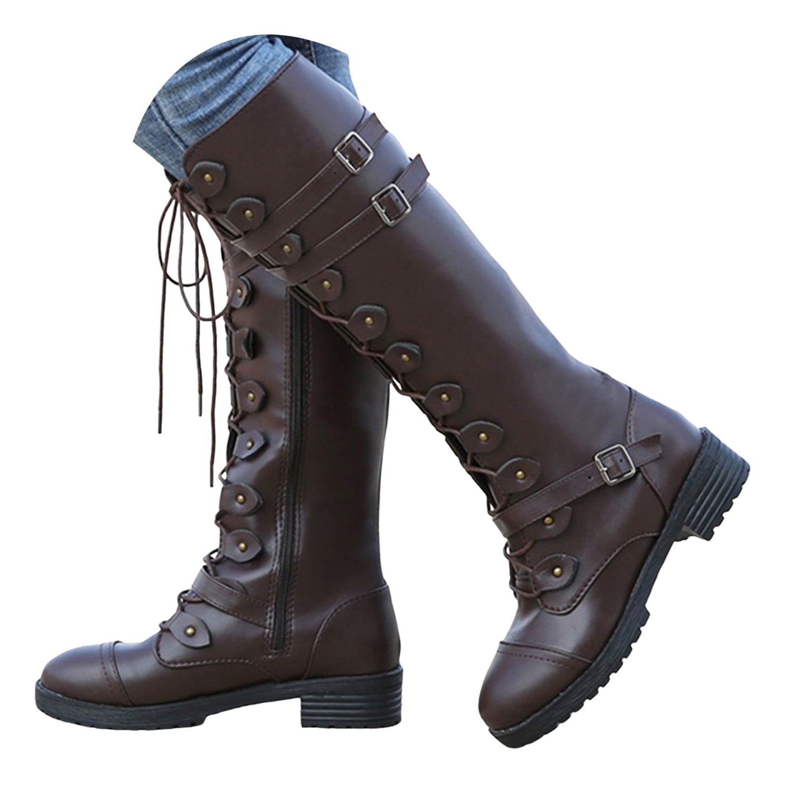 Leozcaa Women's Combat Riding Knee High Boots Lace Up Fall Lug Sole ...