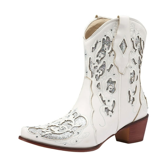 Leozcaa Women's Cowboy Boots Mid Calf Cowgirl Boots Embroidery Stitched Western Fashion Dress Booties