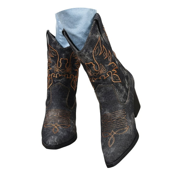 Leozcaa Women's Cowboy Boots Mid Calf Cowgirl Boots Pointed Toe Chunky Heel Embroidery Western Boots