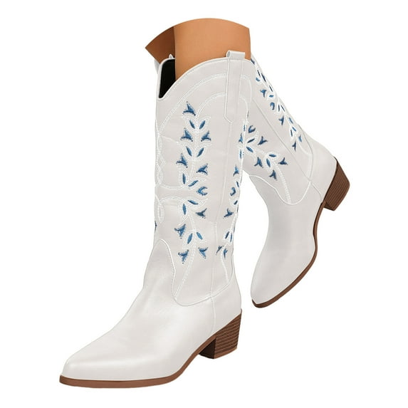 Leozcaa Women's Cowboy Boots Pull On Cowgirl Boots Mid Calf Western Boots Wide Calf Pointed Toe Booties