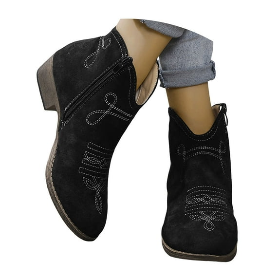 Leozcaa Women's Cowboy Cowgirl Western Boots Embroidered Stitched Ankle Boots Chunky Heel Short Booties