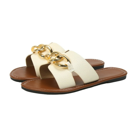 Leozcaa Women's Flat Sandals Casual Slip On H-Band Chain Slippers Leather Dressy Open Toe Slides Sandals