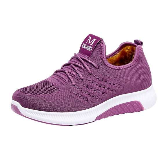 Leozcaa Women's Fleece Walking Shoes Winter Warm Sport Sneakers Pull On Mesh Air Cushion Ankle Booties