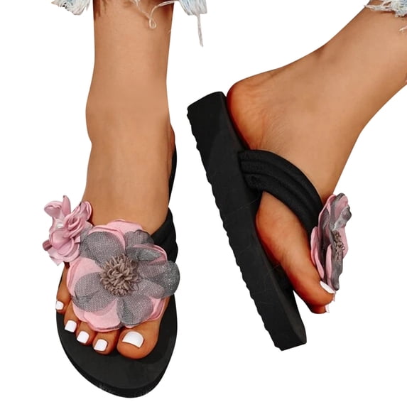 Leozcaa Women's Flower Appliques Flip Flops Boho Open Toe Slip On Flat Sandals Beach Vacation Slippers