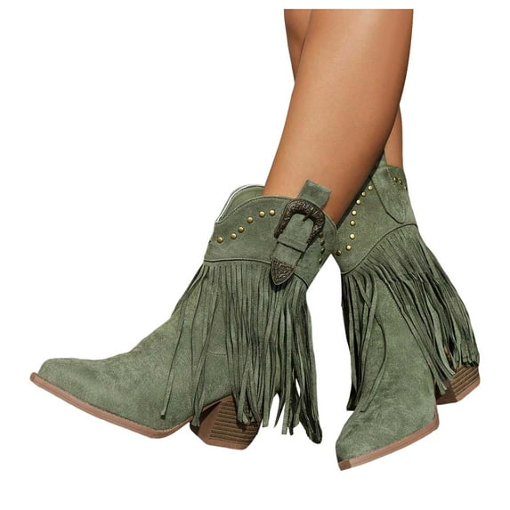 Leozcaa Women's Fringe Cowboy Cowgirl Boots Snip Toe Pull On Dress Western Ankle Booties Slip On Booties