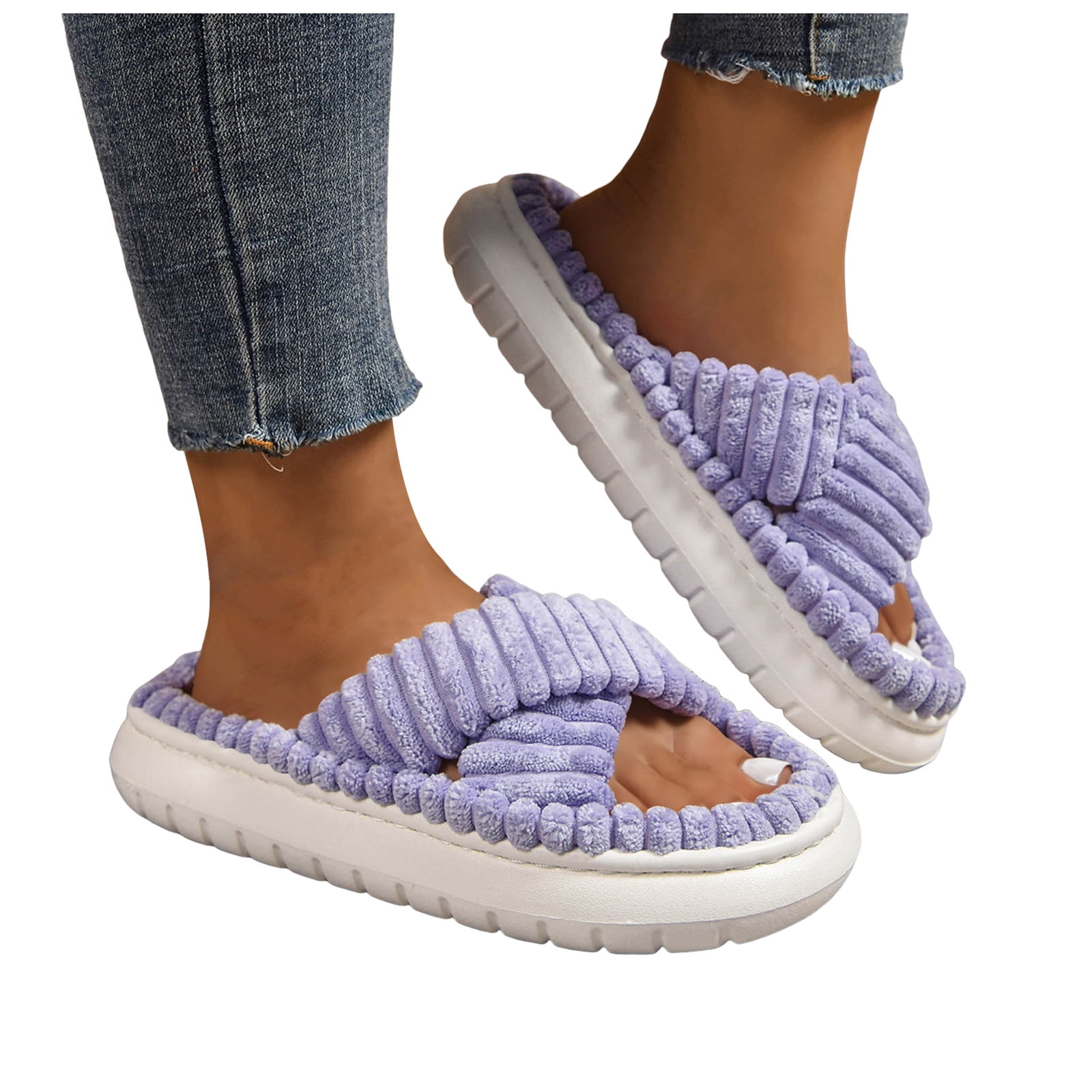 Leozcaa Women's Fuzzy Fluffy House Slippers Cute Plush Shoes Cross