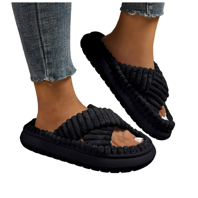 Leozcaa Women's Fuzzy Fluffy House Slippers Cute Plush Shoes Cross