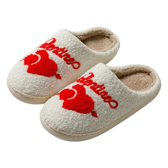 Leozcaa Women's Fuzzy Slip-on Slippers Warm Cozy Soft Memory Foam Indoor House Red Heart Print Shoes