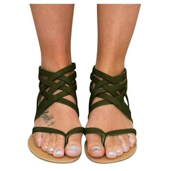 Leozcaa Women's Gladiator Strap Sandals Flat Fisherman Thong Cross Strappy Clip on Toe Beach Casual Shoes