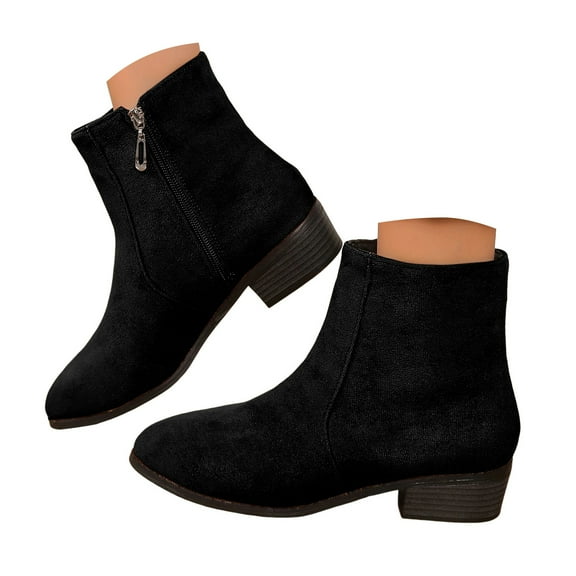 Leozcaa Women's Heeled Ankle Boots Fashion Pointed Toe Chunky Block Heel Side Zipper Suede Short Booties