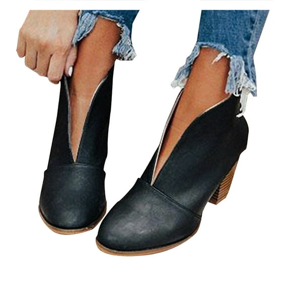 Leozcaa Women's High Chunky Heel Chelsea Ankle Boots Slip On Elastic Fall Heeled Leather Short Booties