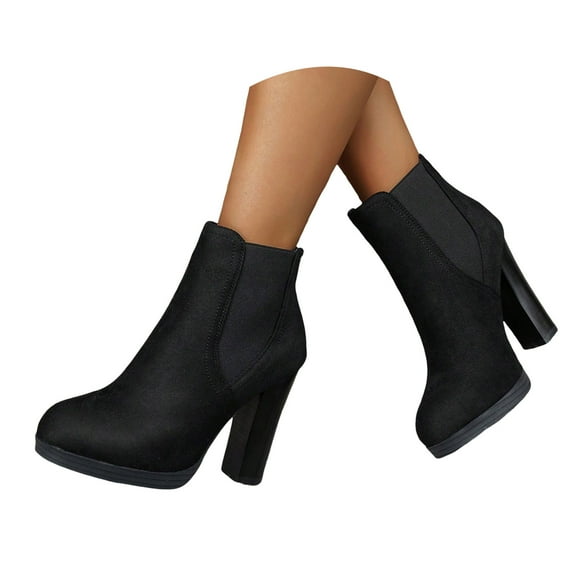 Leozcaa Women's High Chunky Heel Chelsea Ankle Boots Slip On Elastic Fall Heeled Short Booties Shoes