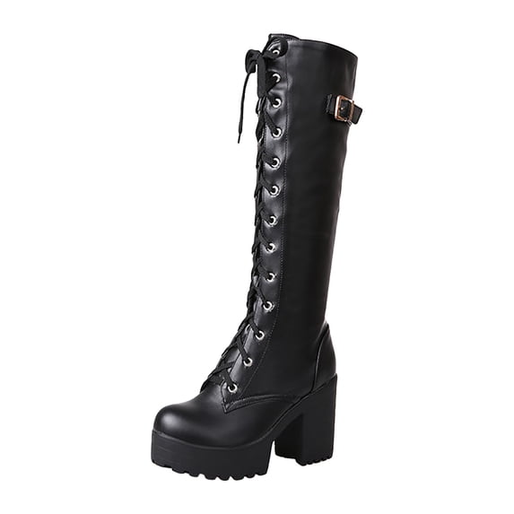 Leozcaa Women's Knee High Boots Ladies Lace Up Motorcycle Boots with Zipper Soft Thigh High Riding Boots