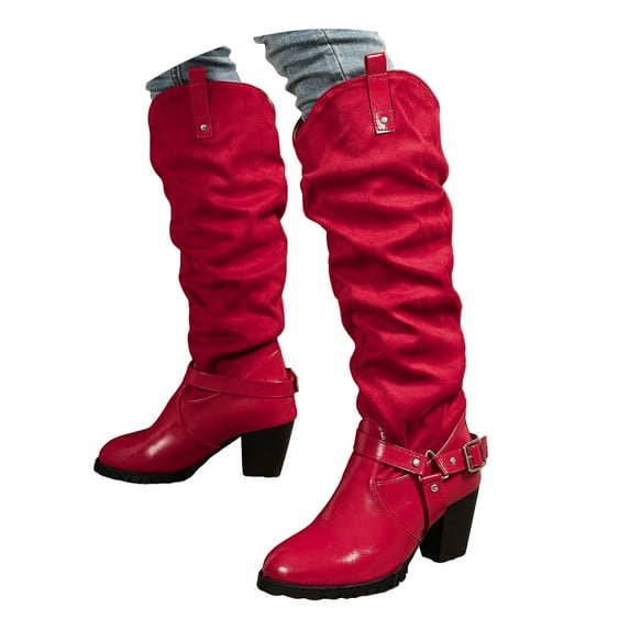 Leozcaa Women's Knee-High Boots Pointed Toe Mid Chunky Heel Pull On Slouchy Wide Calf Boots with Zippers
