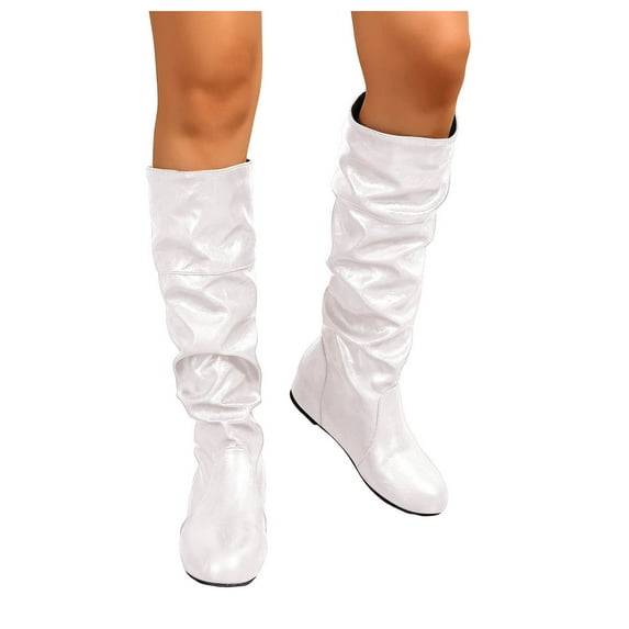 Leozcaa Women's Knee-High Boots Pointed Toe Mid Chunky Heel Pull On Slouchy Wide Calf Boots with Zippers