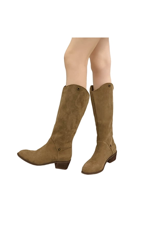 Leozcaa Women's Knee High Boots Suede Flat Pointed Toe Stretchy Slouchy Boots Side Zipper Dress Tall Boot