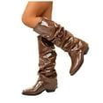 thumbnail image 1 of Leozcaa Women's Knee High Boots Wide Calf Slouchy Boots Low Heel Pull On Round Toe Leather Long Booties, 1 of 9