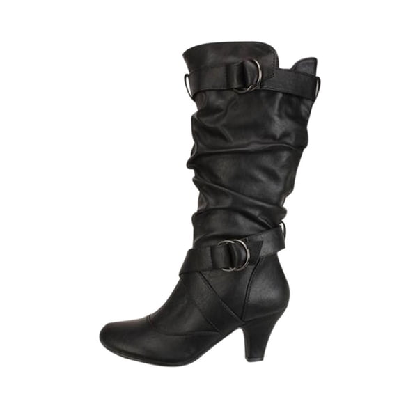 Leozcaa Women's Knee High Boots Wide Calf Slouchy Boots Low Heel Pull On Round Toe Mid Calf Booties