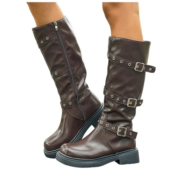 Leozcaa Women's Knee High Riding Boots Buckle Square Toe Chunky Heel Side Zipper Wide Calf Biker Boots