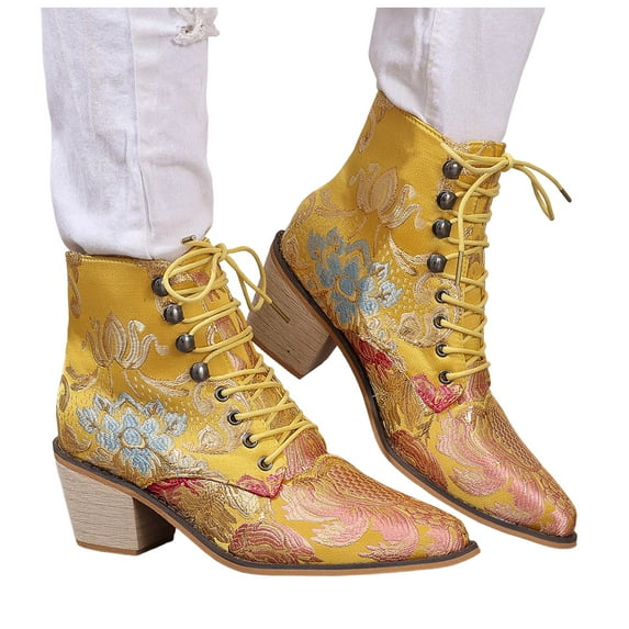 Leozcaa Women's Lace Up Chunky Heel Ankle Boots Side Zipper Short Boots Embroidery Flower Dress Booties