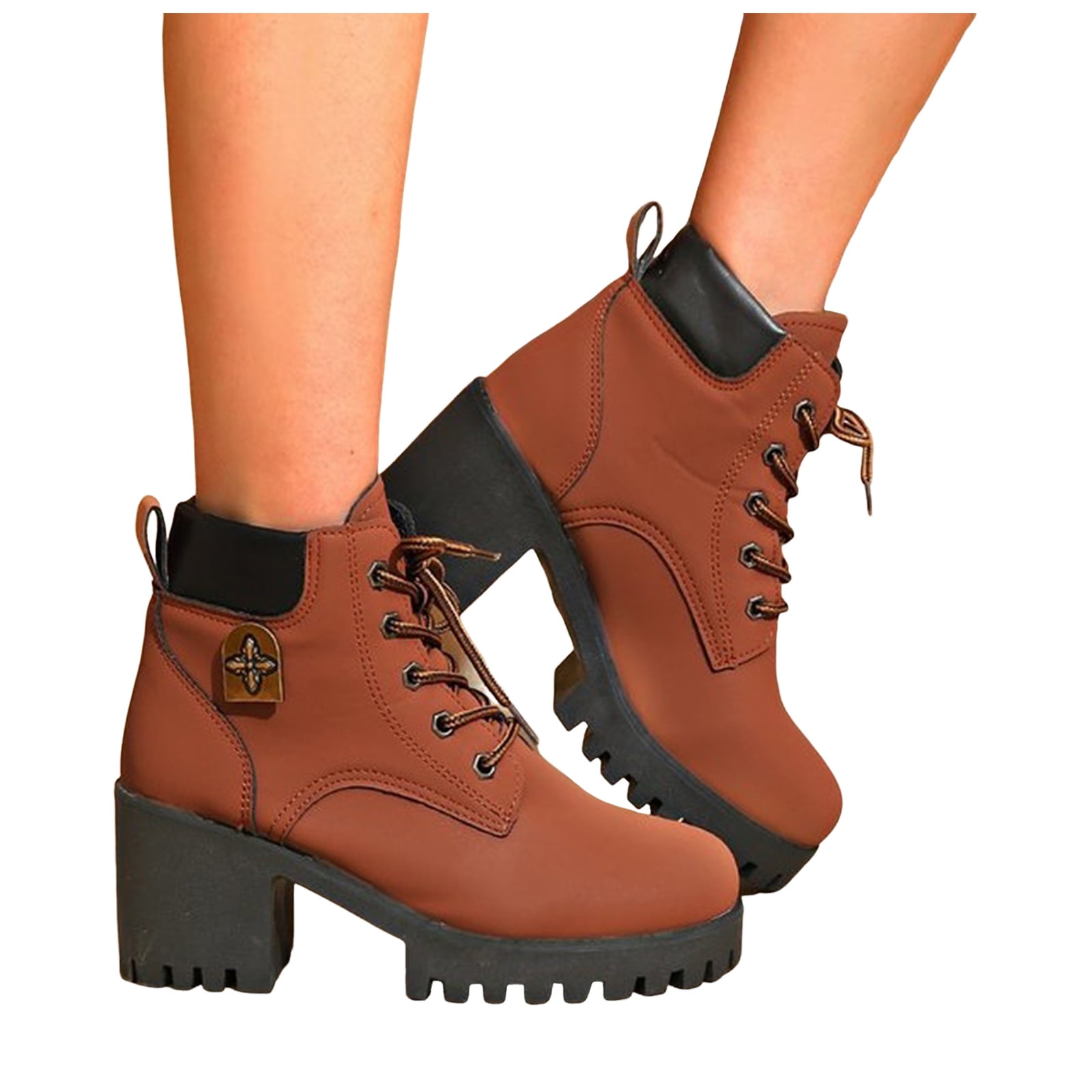 Leozcaa Women's Lace Up Combat Ankle Boots Fashion Low Chunky Heel