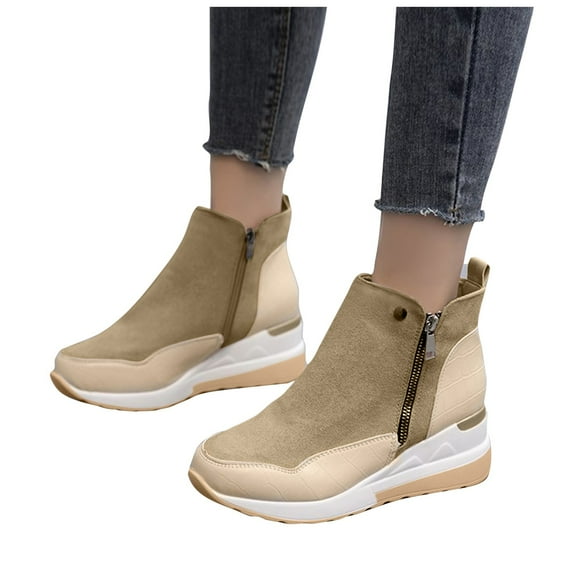 Leozcaa Women's Low Wedge Boots Comfortable Ankle Wedge Short Booties Side Zipper Platform Slip On Shoes