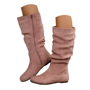 Leozcaa Women's Mid Calf Ankle Boots Flat Heel Slouchy Suede Folds Winter Low Heel Slip-on Elastic Boots