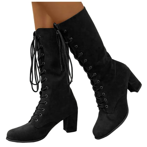 Leozcaa Women Medieval Vintage Chunky Heel Boots Fall Winter Suede Lace Up Fashion Winter Mid Calf Boot