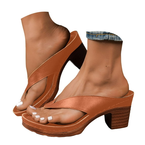 Leozcaa Women's Orthopedic Sandals Dressy Chunky Heel Wedge Arch Support Slip-On Open Toe Flip Flops