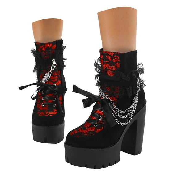 Leozcaa Women's Platform Boots Lace Buckle Gothic Cosplay Booties Chunky High Heels Ankle Boots Punk Shoes