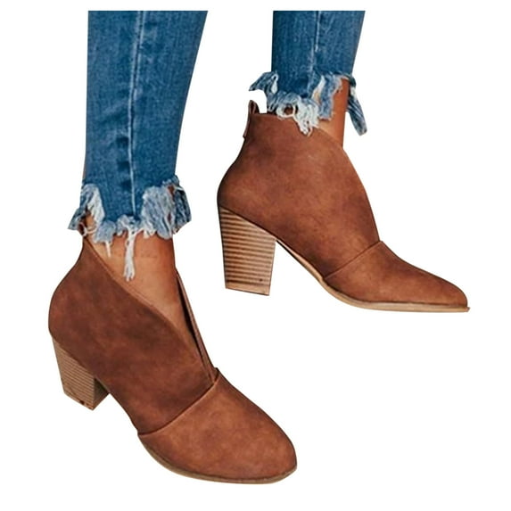 Leozcaa Women's Short Ankle Boots Low Heel Western Cutout Round Toe Faux Suede Leather Fall Short Booties