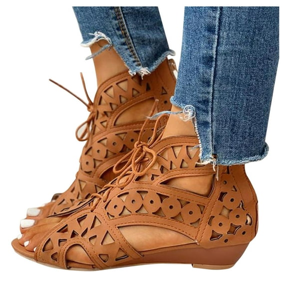 Leozcaa Women's Sling Wedge Sandals Hollow-Out Low Heel Open Toe Ankle Boots Cutout Shoes Lace up Sandals