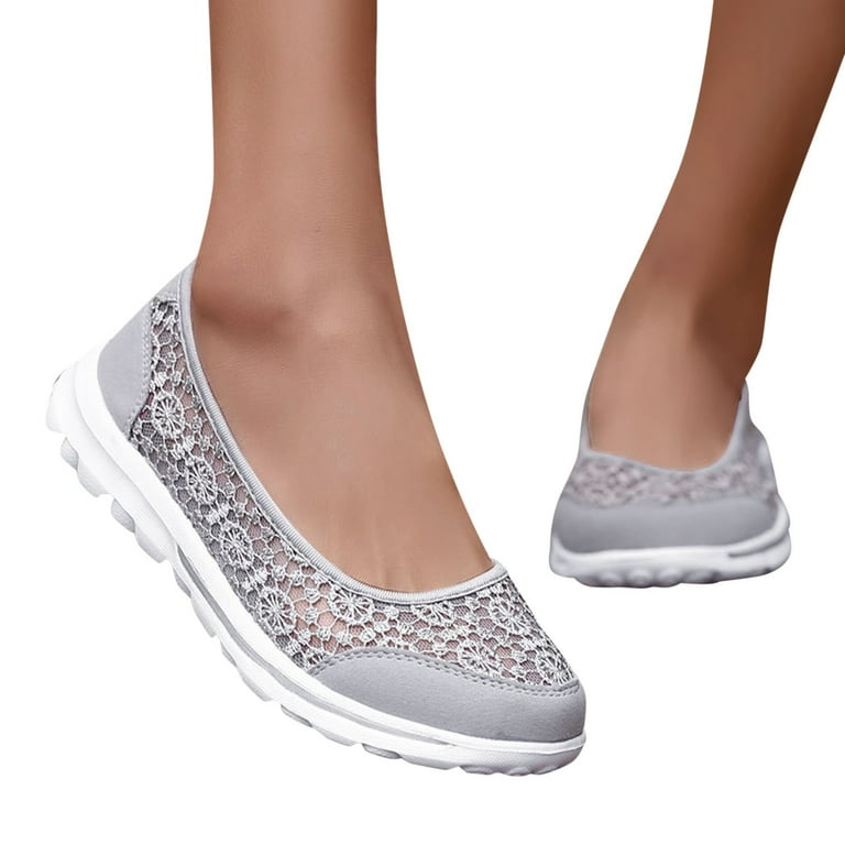 Leozcaa Women's Slip On Walking Shoes Hollow Out Lace Non Slip