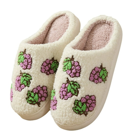 Women's Fuzzy Slippers Plush Memory Foam Home Shoes Comfy Slip-On Warm House Slipper Shoes for Indoor and Outdoor with Fruit Print Black Size 9