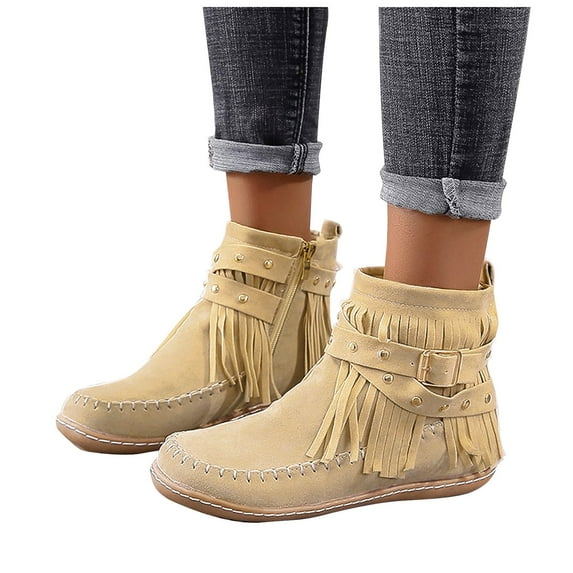 Leozcaa Women's Suede Fringe Ankle Boots Round Toe Flats Winter Warm Western Short Boots with Zipper