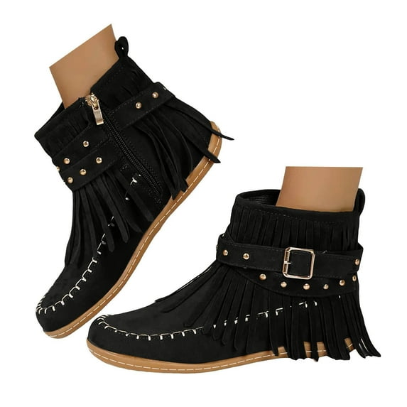 Leozcaa Women's Suede Fringe Ankle Boots Round Toe Flats Winter Warm Western Short Boots with Zipper