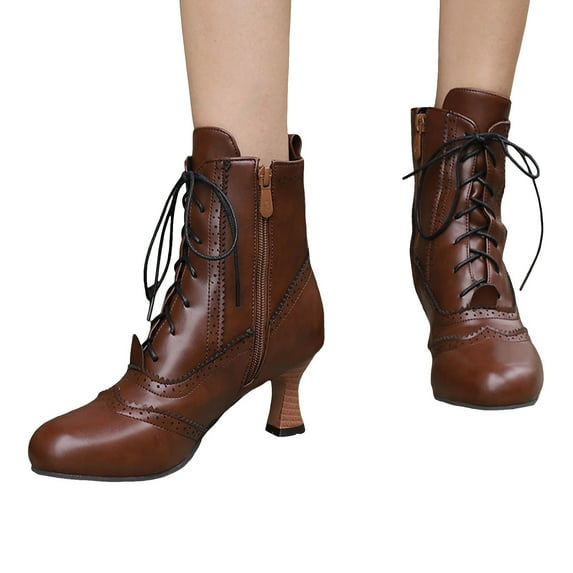 Leozcaa Women's Victorian Ankle Boots Lace UP Boots for Women Booties Side Zipper Block Chunky Mid Heel
