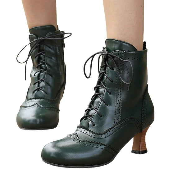 Leozcaa Women's Victorian Ankle Boots Lace UP Boots for Women Booties Side Zipper Block Chunky Mid Heel