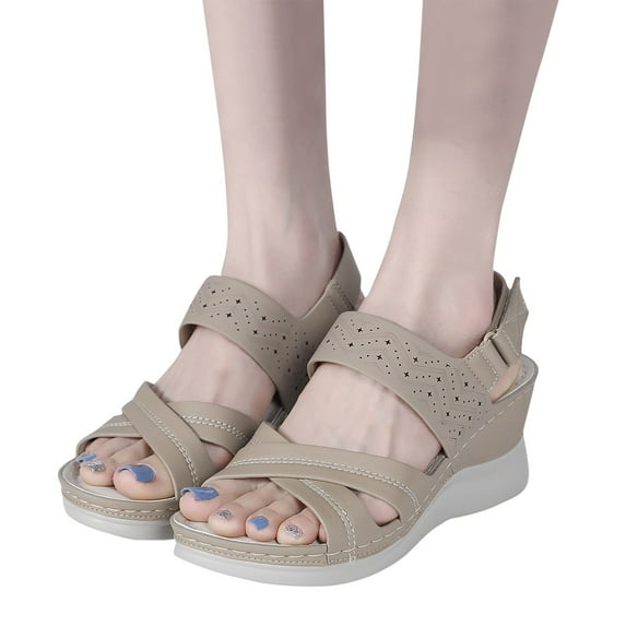 Leozcaa Women's Walking Sandals Lightweight Soft Footbed Low Wedge Comfort Indoor Outdoor Flat Casual Shoes