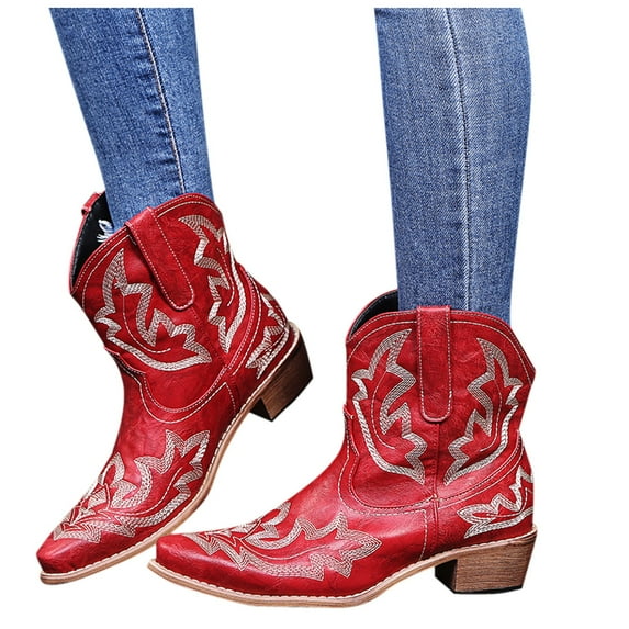Leozcaa Women's Western Cowboy Cowgirl Embroidered Ankle Boots Fashion Low chunky Heel Fall Short Booties