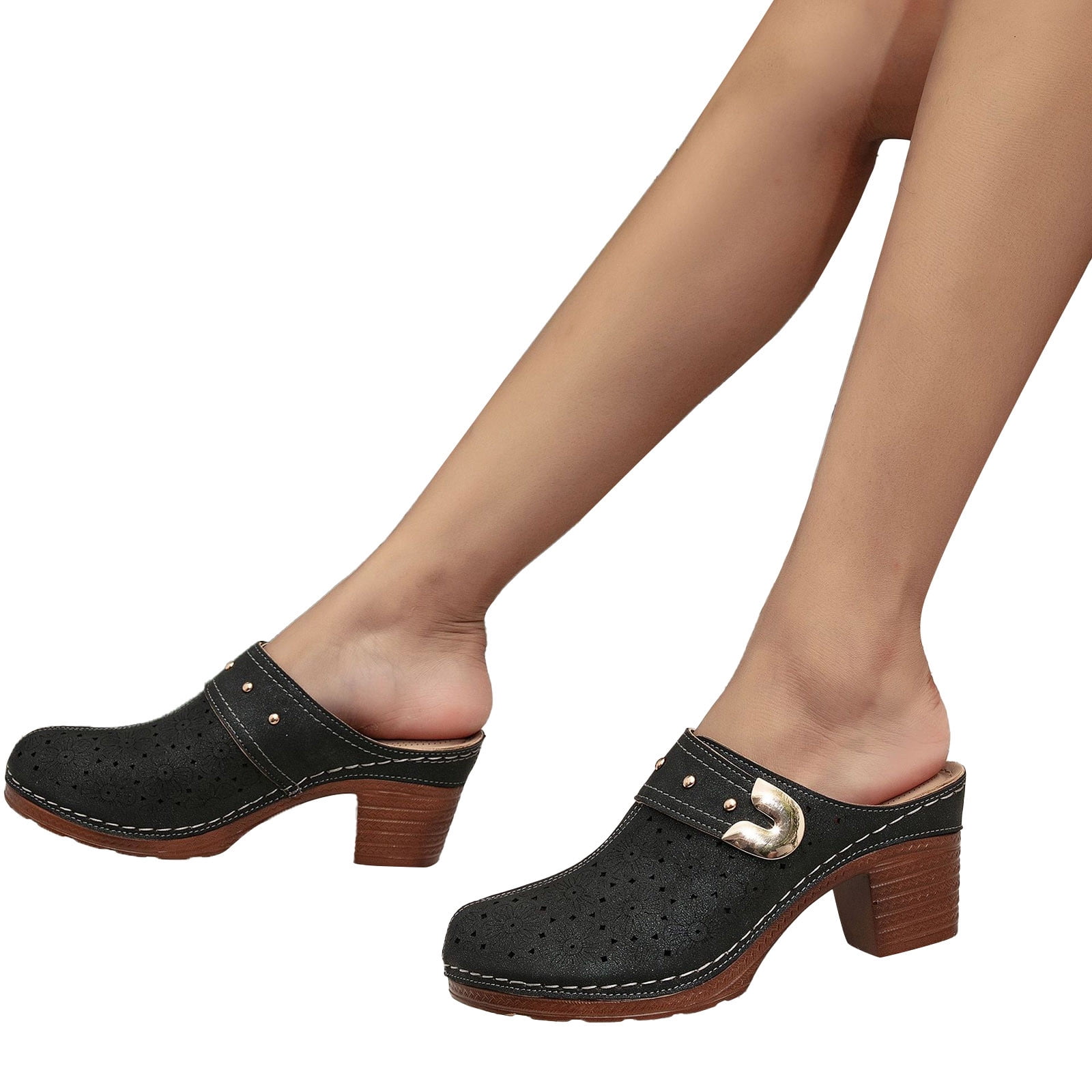 Leozcaa Womens Chunky Heel Mules Closed Square Toe Heeled