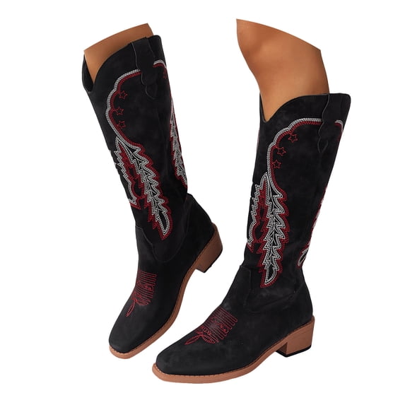 Leozcaa Womens Cowboy Boots Pull On Zipper Low Heel Embroidered Western Cowgirl Knee High Boots Tall Boot