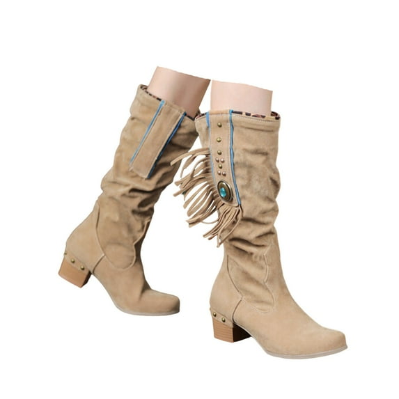 Leozcaa Womens Fringe Western Boots Fashion Hidden Heel Mid Calf Boots Round Toe Tassel Moccasin Boots